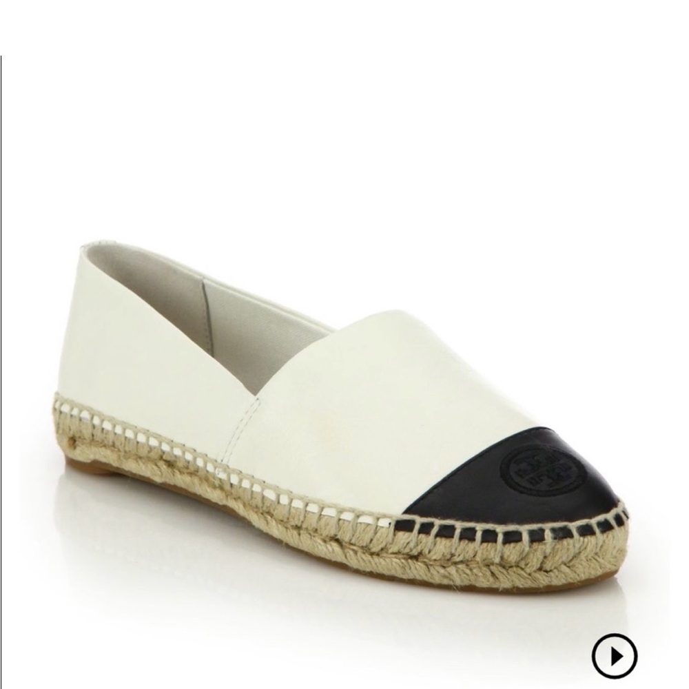 Tory Burch White Leather Espadrille with Black Cap Toe size 8